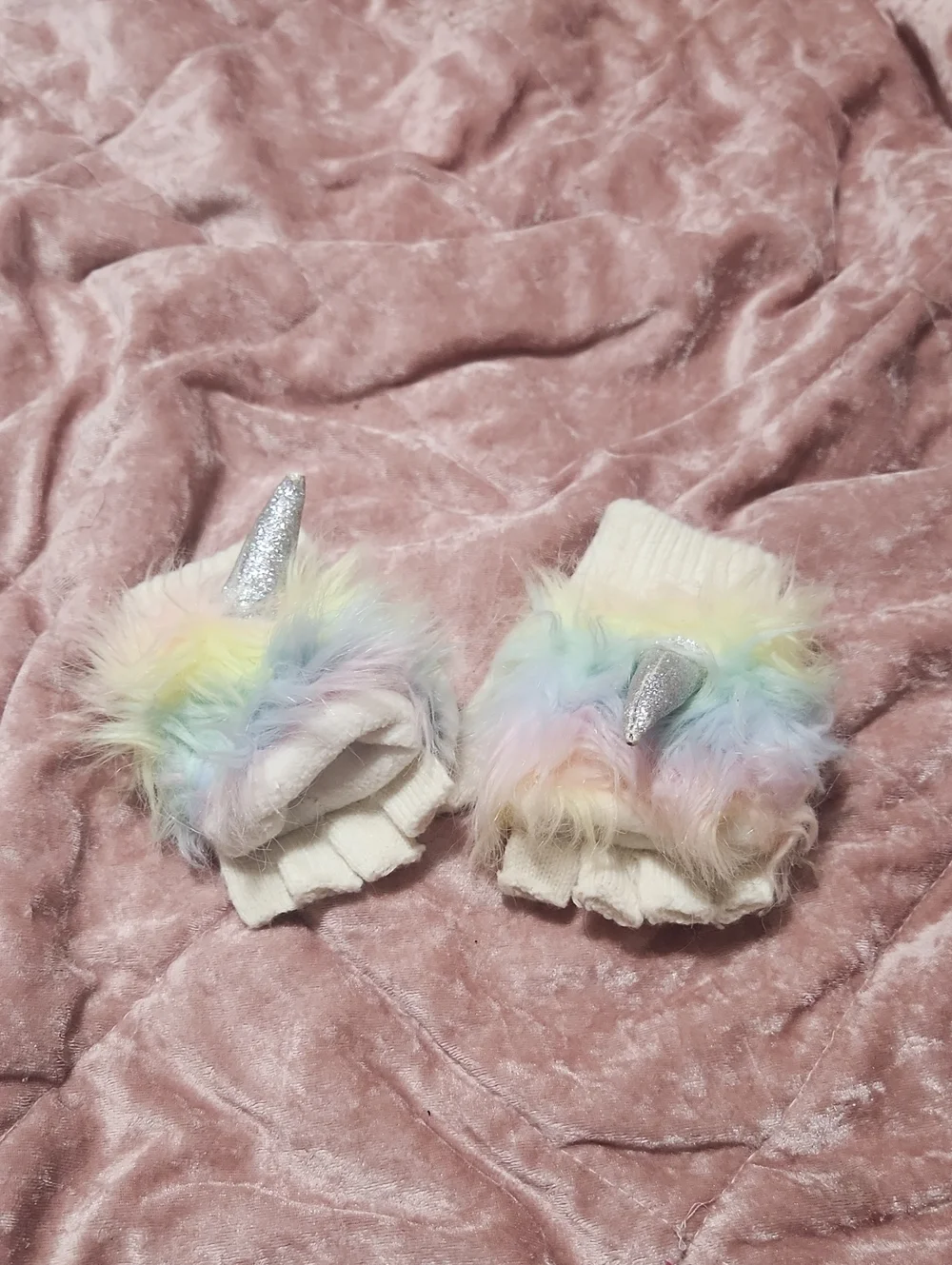Kids Rainbow Faux-Fur Unicorn Hand Warmer Scarf And Fingerless Gloves